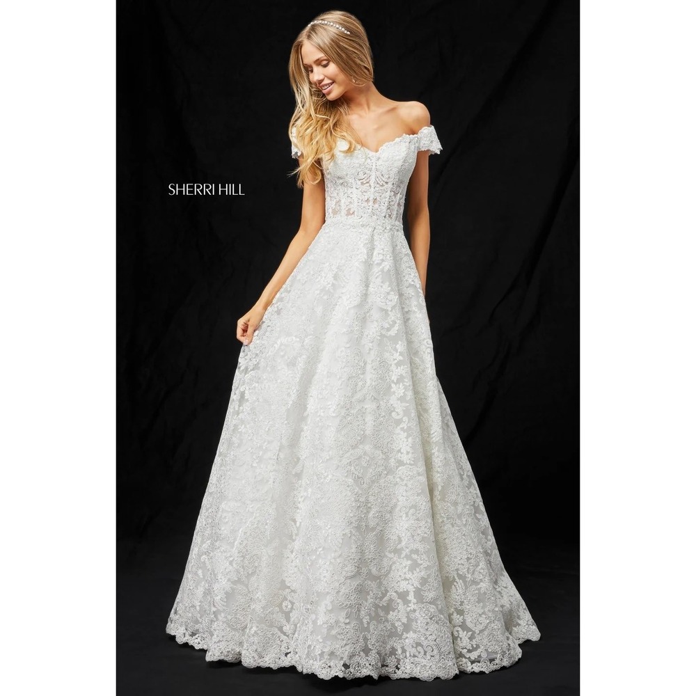 Sherri Hill 51573 Ivory Metallic Lace Ball Gown Off Shoulder Sweetheart Sz 00